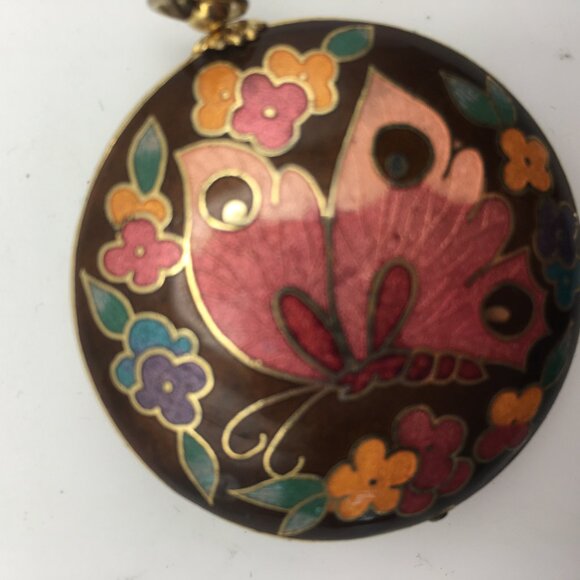 Cloisonne Butterfly Pendant Necklace Black Pink Enamel Puff Double Sided Flowers - Picture 6 of 14